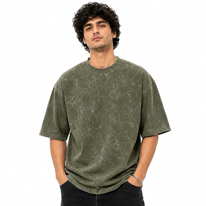 Moonlit Streets Garment Dyed Oversized T-Shirt for Men | 100% Ring Spun Super Combed Cotton | 240 GSM Heavyweight | Drop Shoulder | Crew Neck | Half Sleeve | Vintage Washed