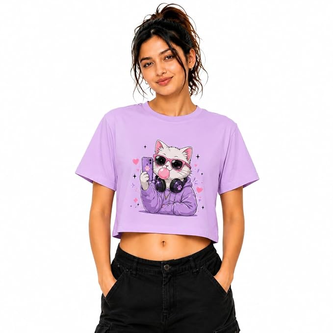 Moonlit Streets Women's Printed Crop Top | Ring Spun Super Combed Cotton | Round Neck Half Sleeve Crop T-Shirt
