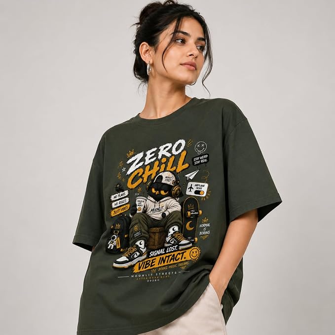 Moonlit Streets Women's Oversized T-Shirt | Relaxed Fit Crew Neck Casual Streetwear T-Shirt Olive Green