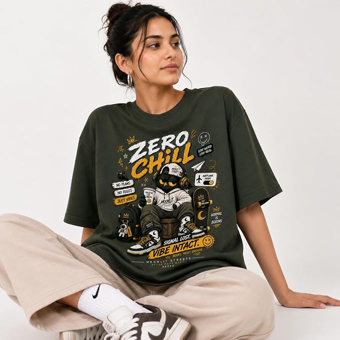 Moonlit Streets Women's Oversized T-Shirt | Relaxed Fit Crew Neck Casual Streetwear T-Shirt Olive Green