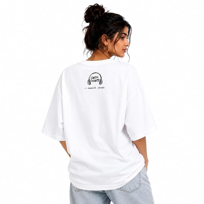 Moonlit Streets Women's Oversized T-Shirt | Relaxed Fit Crew Neck Casual Streetwear T-Shirt White