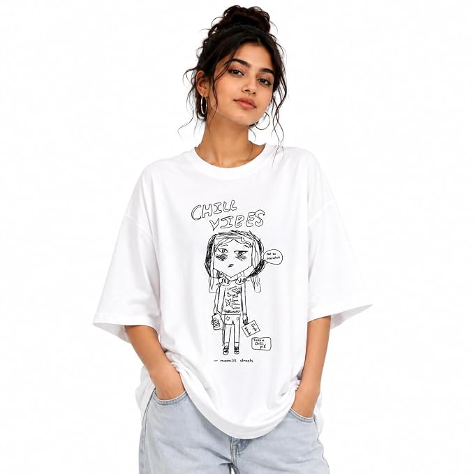 Moonlit Streets Women's Oversized T-Shirt | Relaxed Fit Crew Neck Casual Streetwear T-Shirt White